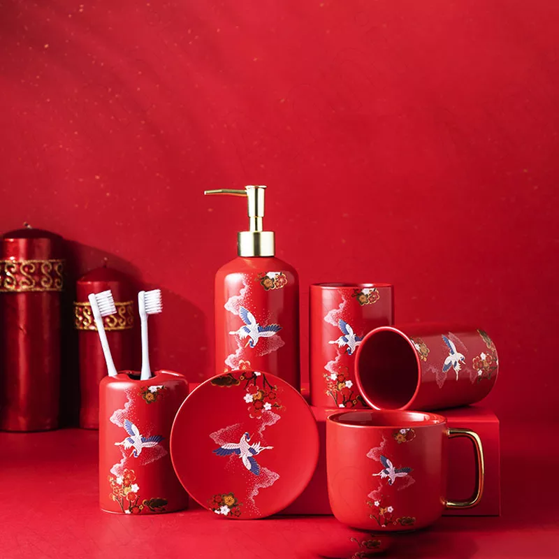 Elegant Crane Painted Ceramic Bathroom Accessories Set - Image 2