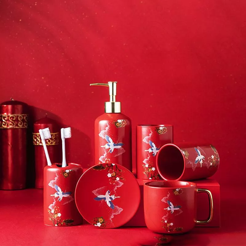 Elegant Crane Painted Ceramic Bathroom Accessories Set