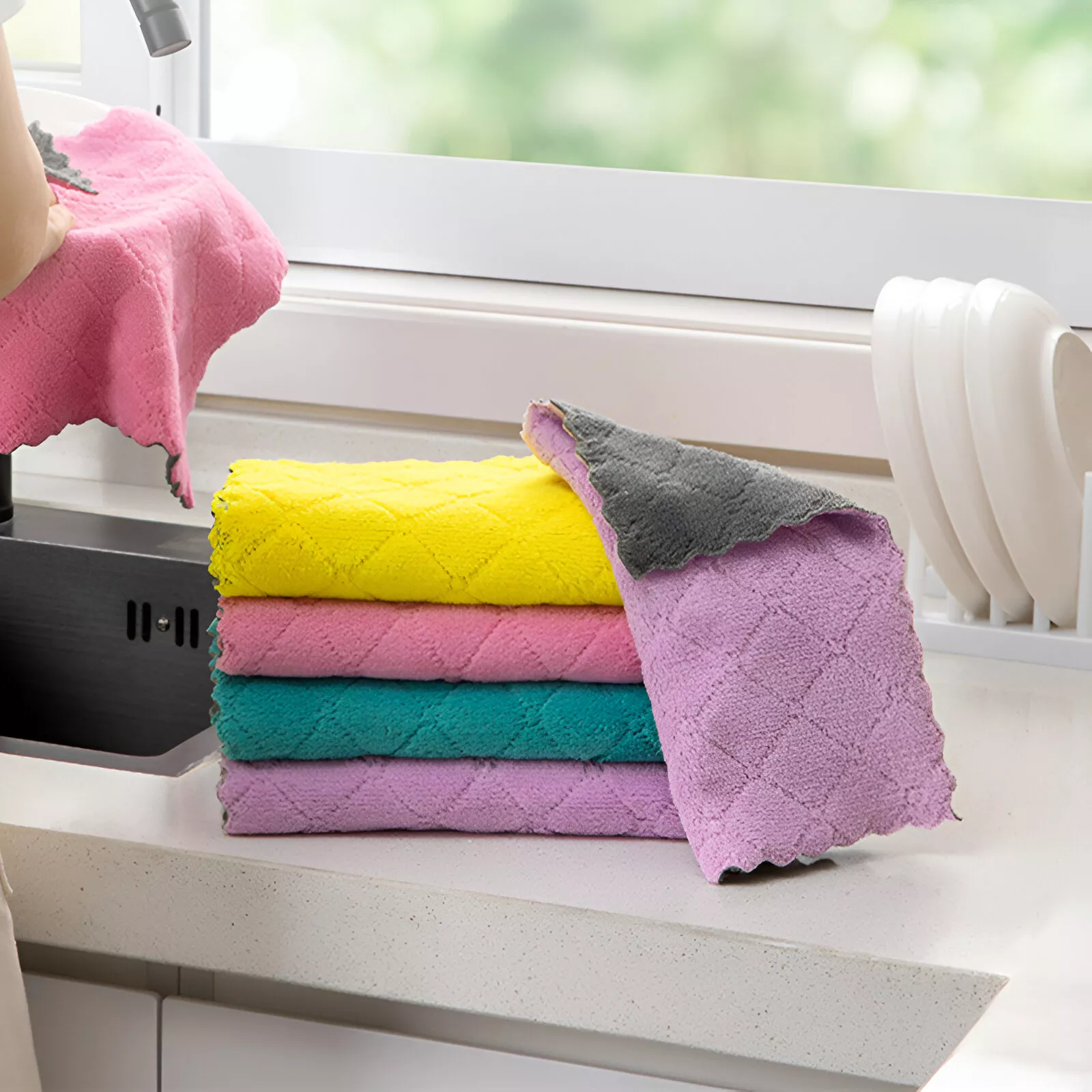 3pcs Coral Fleece Double-Sided Kitchen Dish Cloth - Image 4