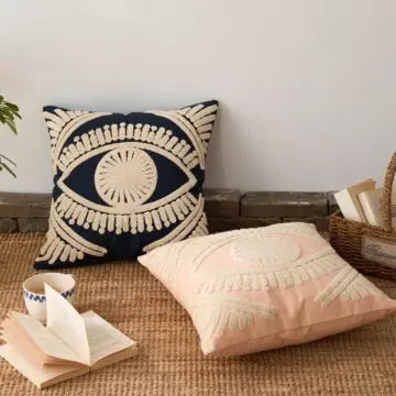 Ivory Navy Embroidered Cushion Cover 18x18 Inch Cotton Throw Pillow for Home Décor