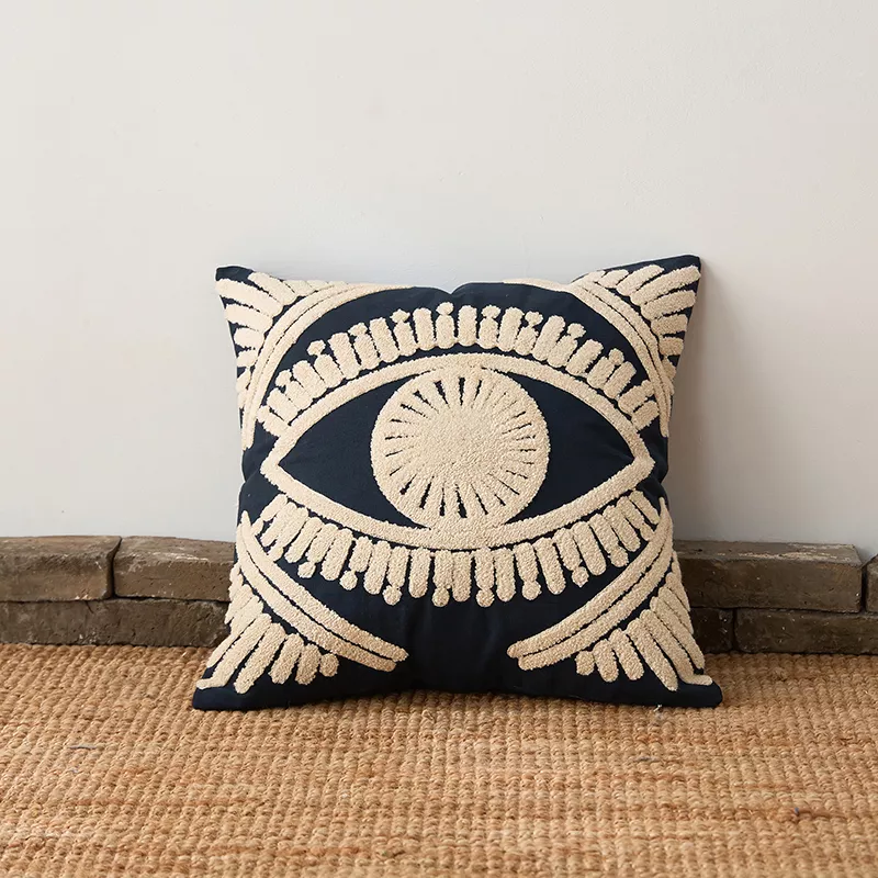Ivory Navy Embroidered Cushion Cover 18x18 Inch Cotton Throw Pillow for Home Décor - Image 3