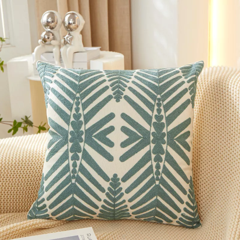 Embroidered Pillow Cover 18x18 inch - Blue, Yellow, Grey, Leaf Design for Sofa & Bedroom - Image 7