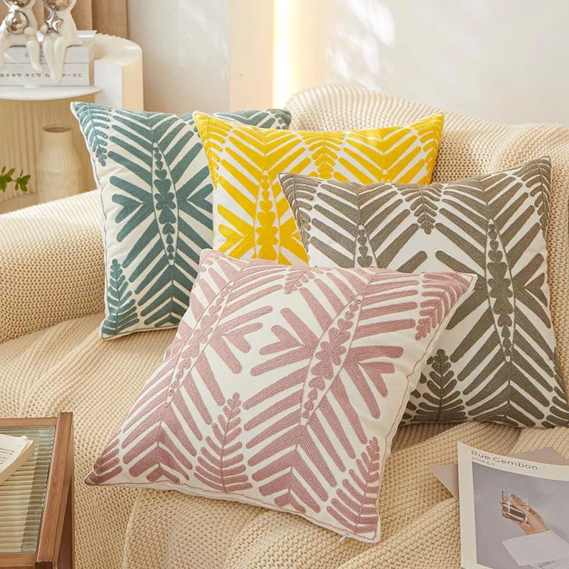Embroidered Pillow Cover 18x18 inch - Blue, Yellow, Grey, Leaf Design for Sofa & Bedroom