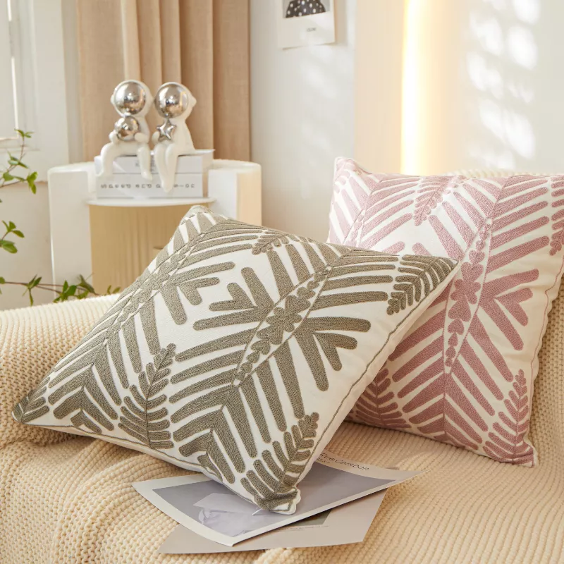 Embroidered Pillow Cover 18x18 inch - Blue, Yellow, Grey, Leaf Design for Sofa & Bedroom - Image 3