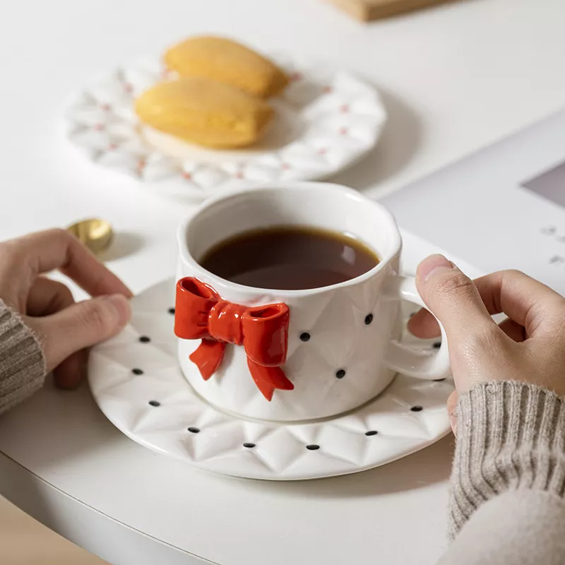 Exquisite Ceramic Bow Coffee Cup & Tray Set - Image 5