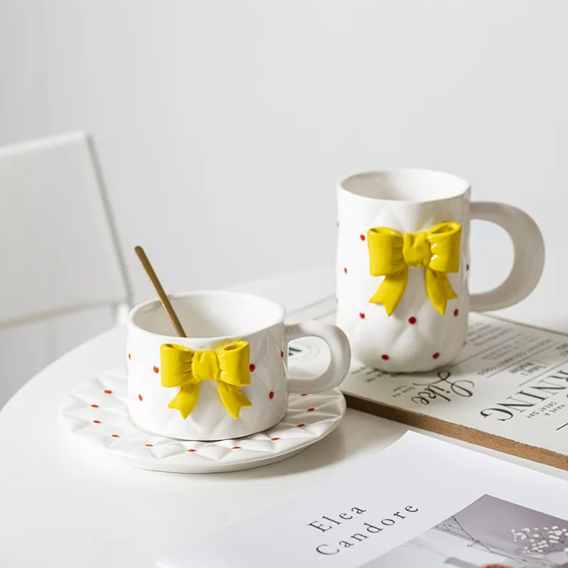 Exquisite Ceramic Bow Coffee Cup & Tray Set - Image 3