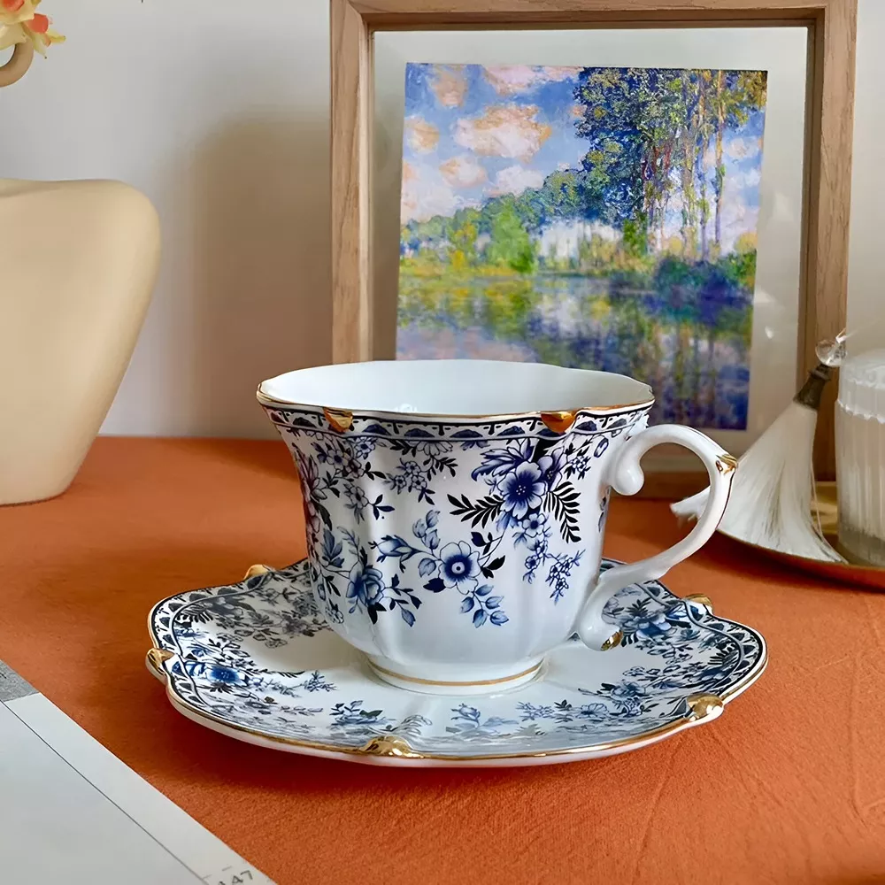 Blue and White Butterfly Ceramic Tea and Coffee Mug with Tray