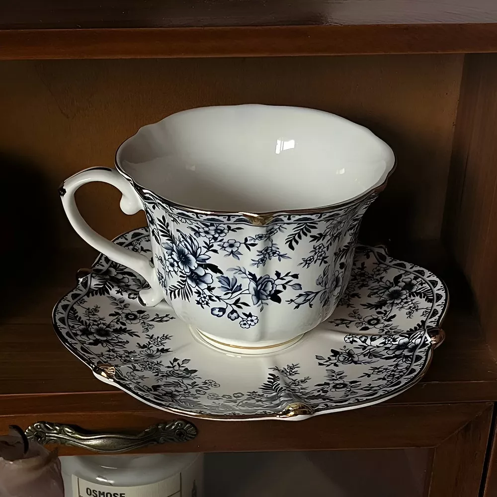 Blue and White Butterfly Ceramic Tea and Coffee Mug with Tray - Image 4