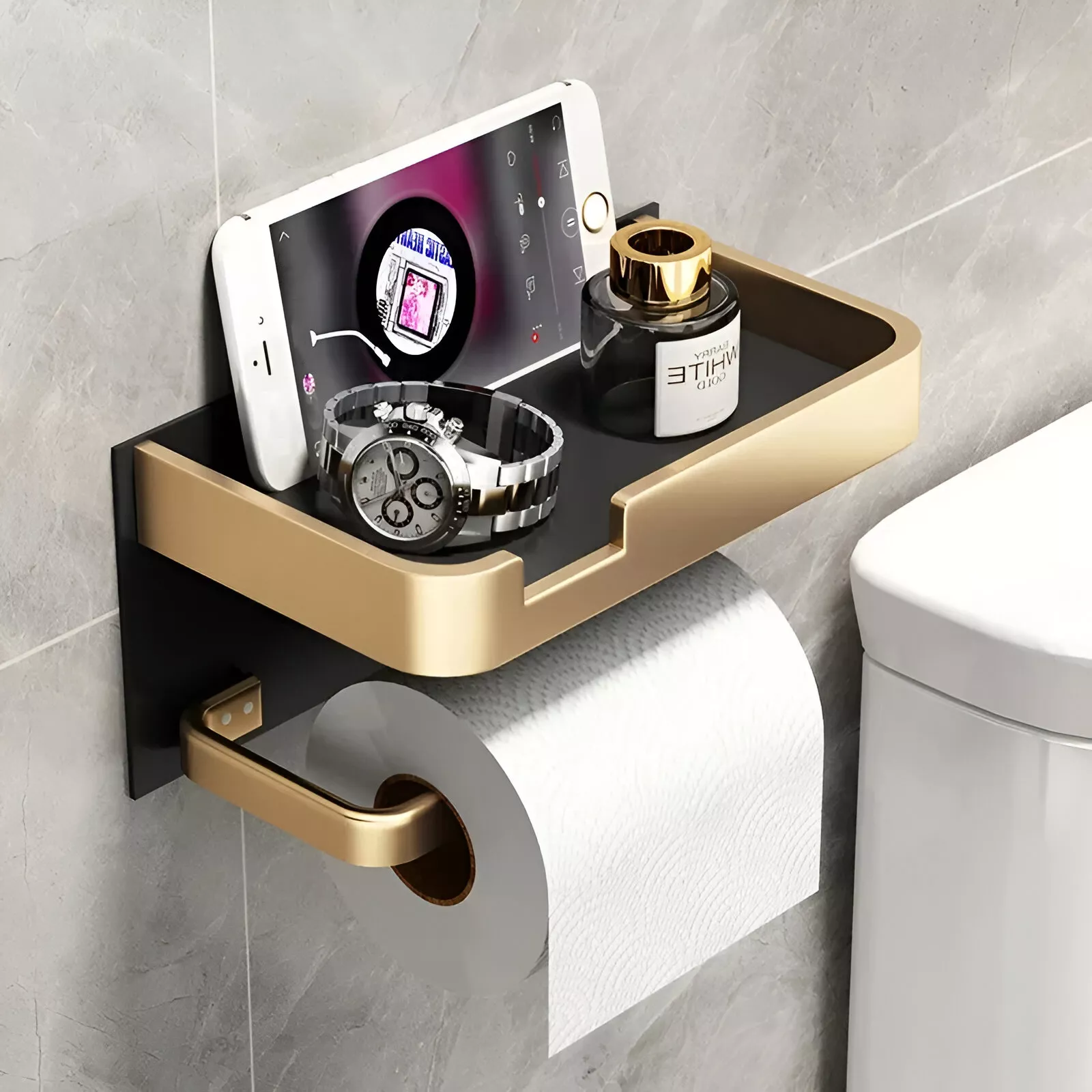 Elegant Space Aluminum Bathroom Paper Holder with Phone Shelf - Image 5