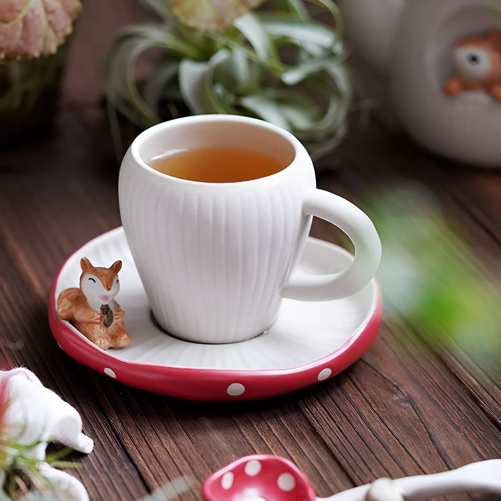 Charming Red Mushroom Coffee Cup with Saucer - Whimsical Tea Set - Image 5