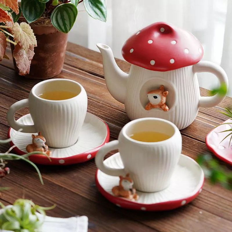 Charming Red Mushroom Coffee Cup with Saucer - Whimsical Tea Set