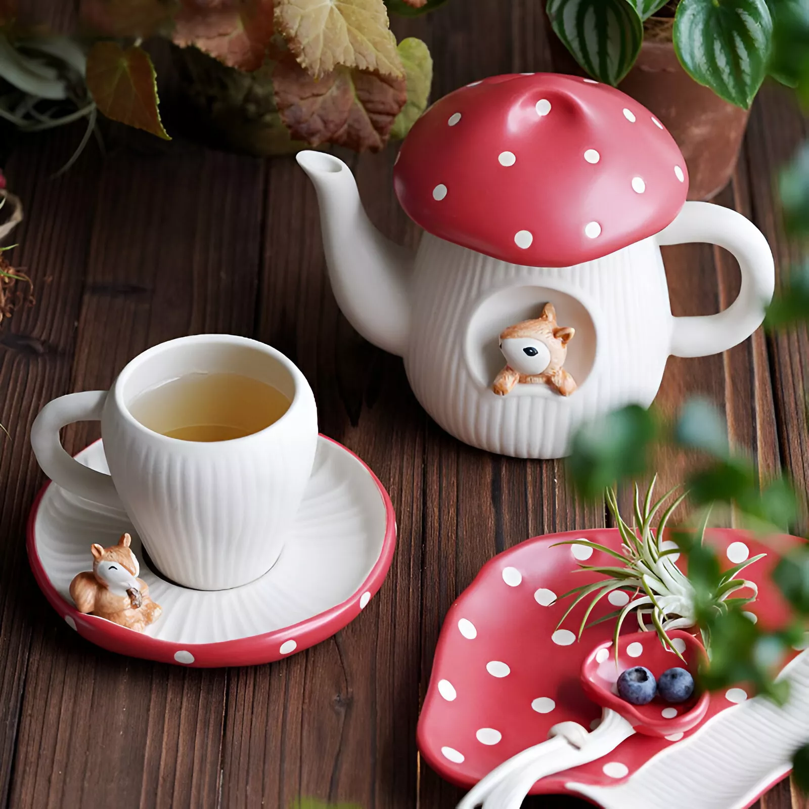 Charming Red Mushroom Coffee Cup with Saucer - Whimsical Tea Set - Image 2