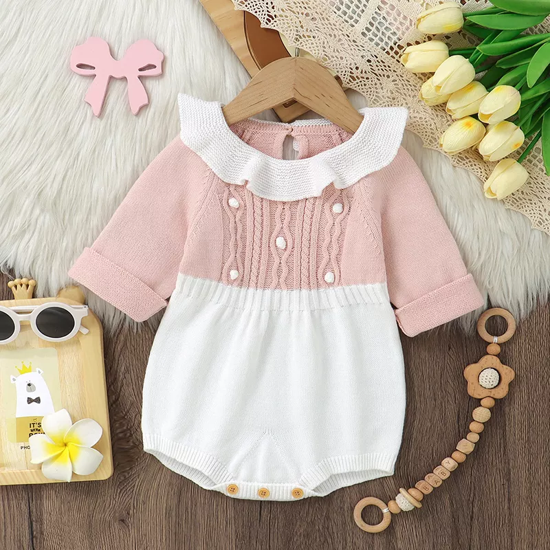 Newborn Baby Girls Cotton Knitted Long Sleeve Bodysuit Romper - Image 2