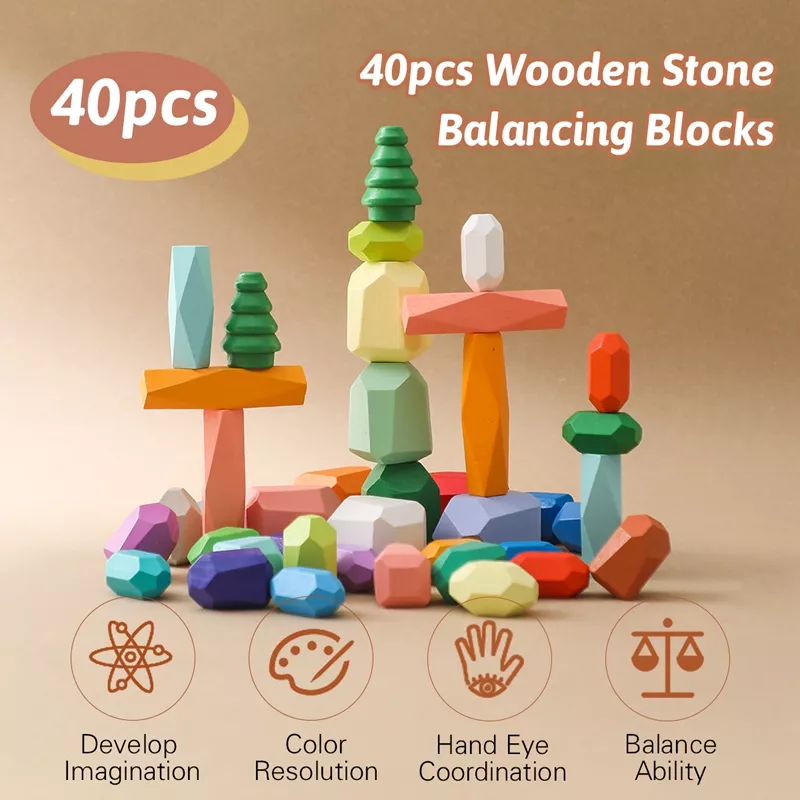 Wooden Stacking Rocks Sensory Toddler Toy – Montessori Learning Blocks for Kids - Image 2