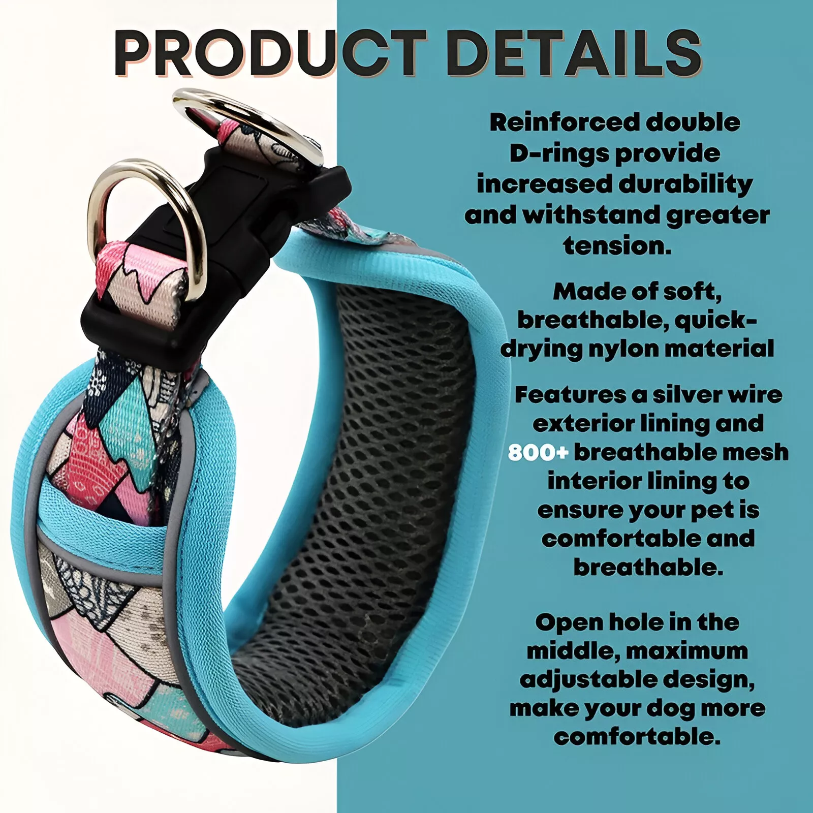 Wide Neck Breathable Dog Collar with Dual D-Rings & Reflective Strip - Image 3