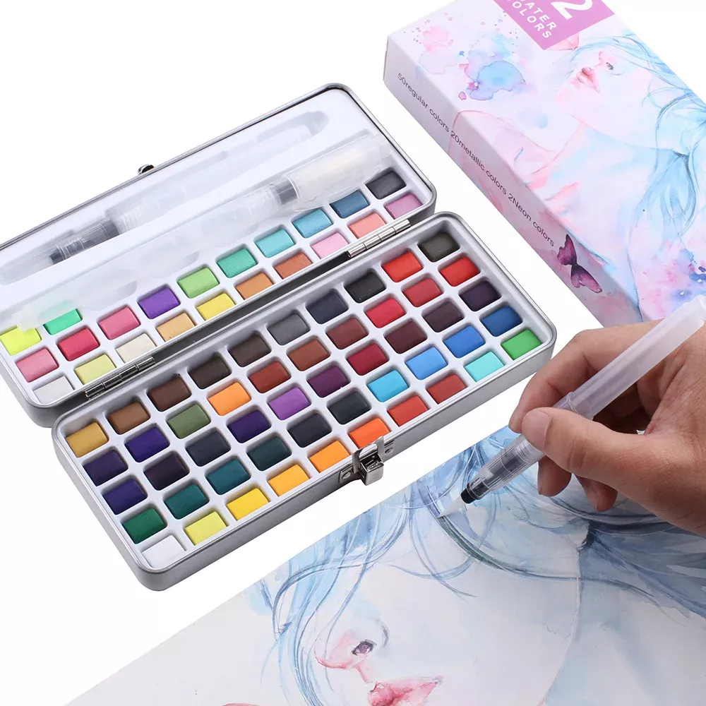72-Color Watercolor Paint Set with Metallic & Fluorescent Shades, Iron Box with Water Brush - Image 5