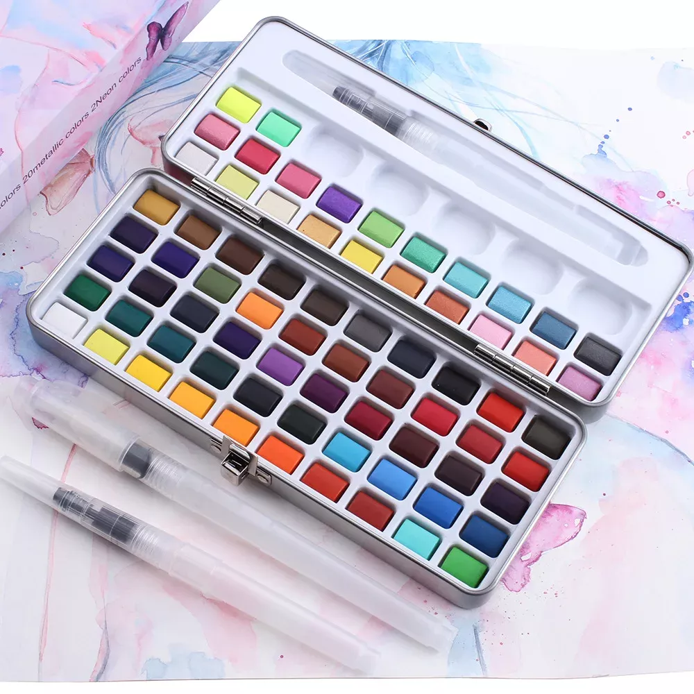 72-Color Watercolor Paint Set with Metallic & Fluorescent Shades, Iron Box with Water Brush - Image 2