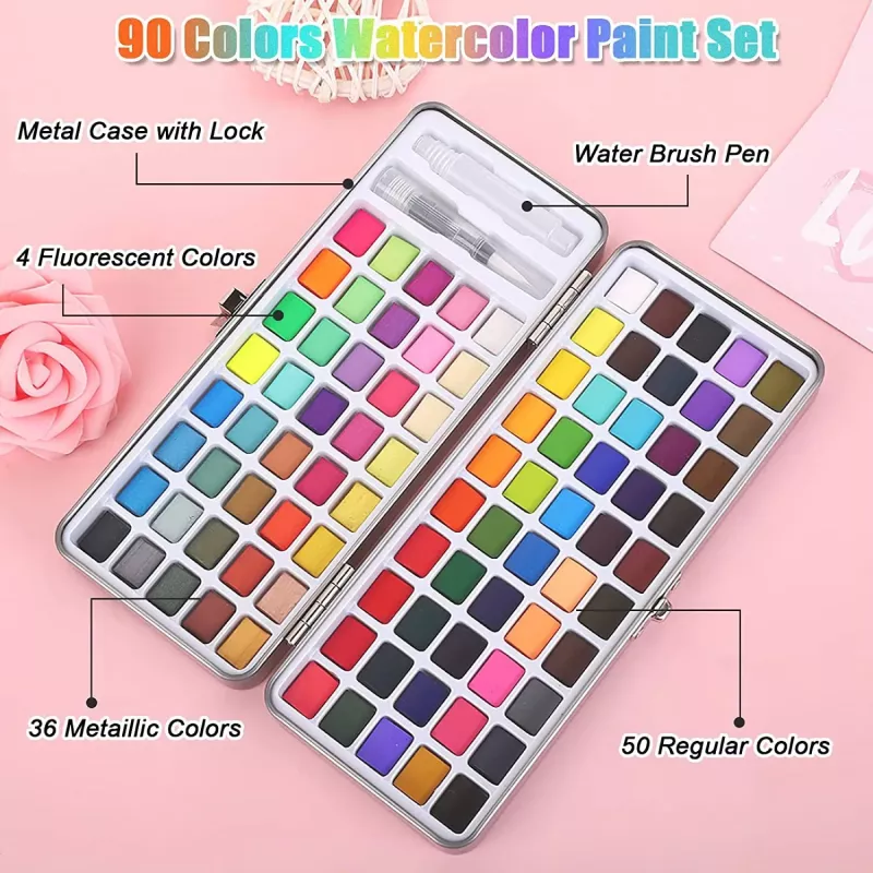 Professional Watercolor Paint Set with Glitter in Portable Metal Box - Image 3
