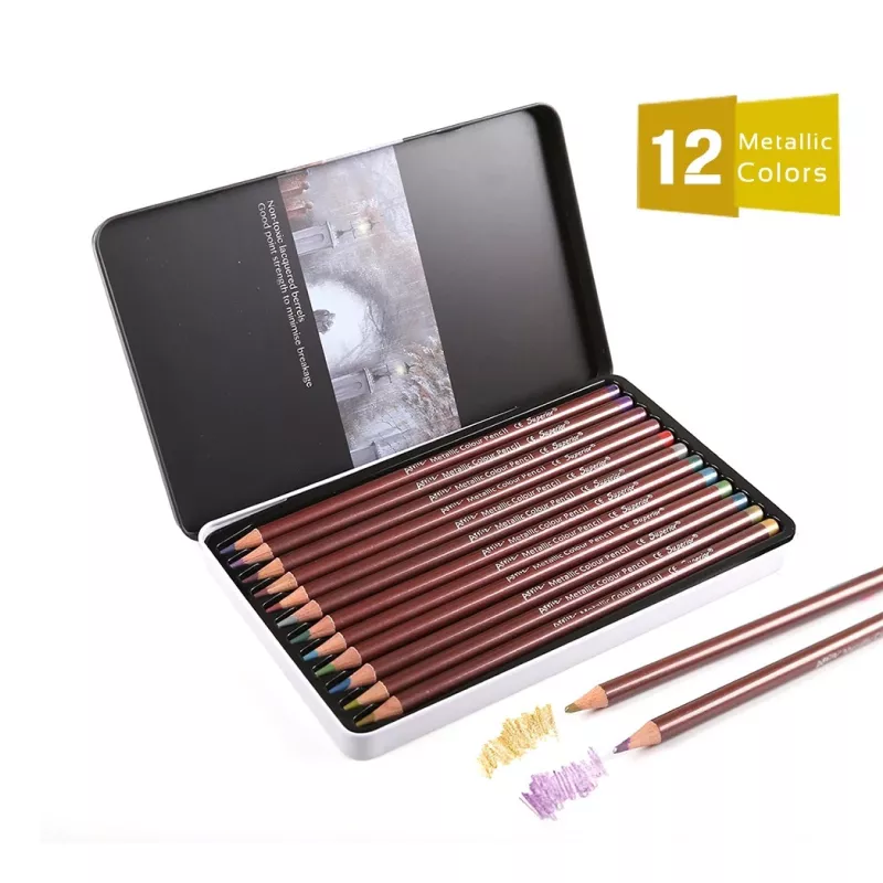 Non-Toxic Wood Set 12 Metallic Colored Pencils for Professional Artists - Image 2