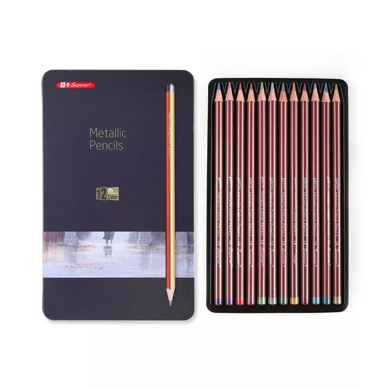 Non-Toxic Wood Set 12 Metallic Colored Pencils for Professional Artists