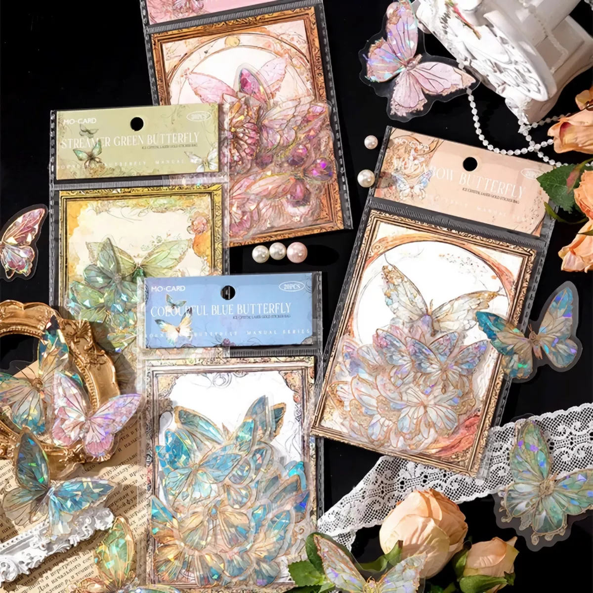 Aesthetic Butterfly PET Stickers - 20 Pcs Crystal Laser Gold for DIY Decoration - Image 2