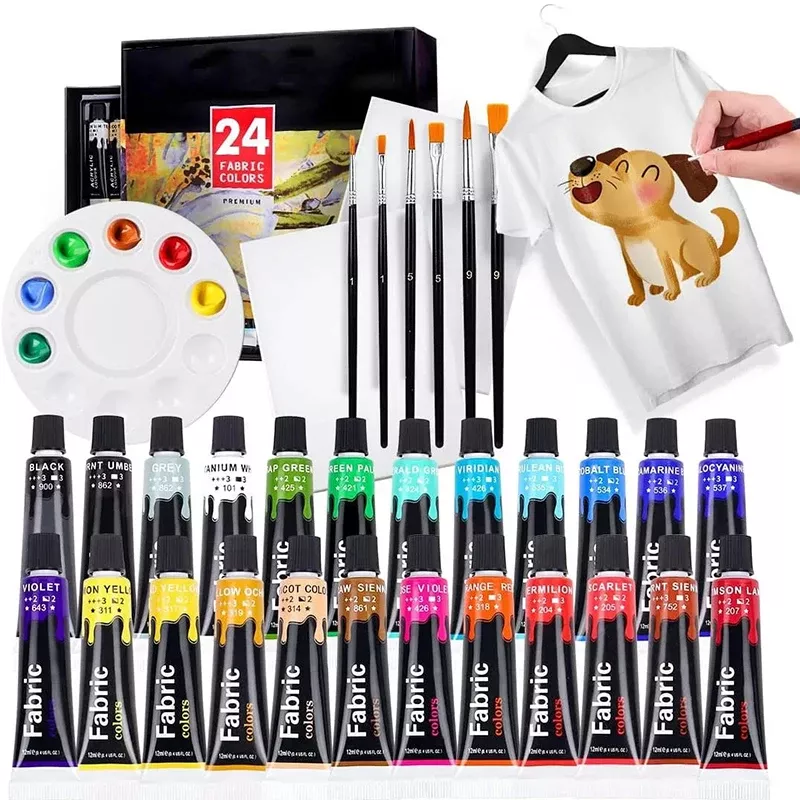 12/24 Colors Fabric Paint Set for Clothes with 6 Brushes, 1 Palette,Permanent Textile Puffy Paint Kit for Shoes, Canvas - Image 2