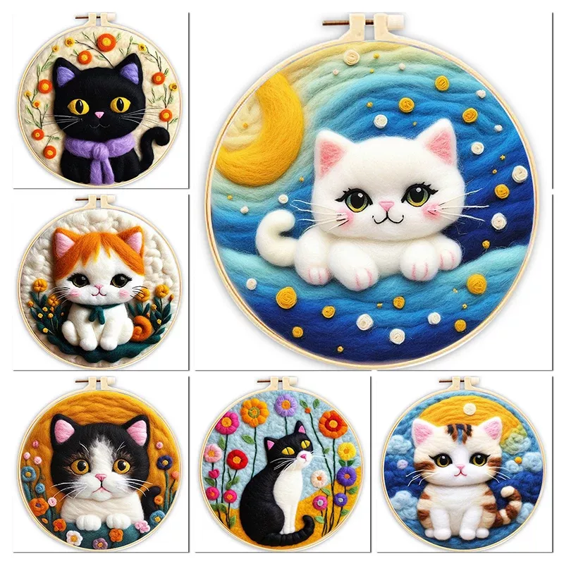 Adorable Cat Wool Embroidery Kit - DIY Needle Felting Craft for Home Decor - Image 6