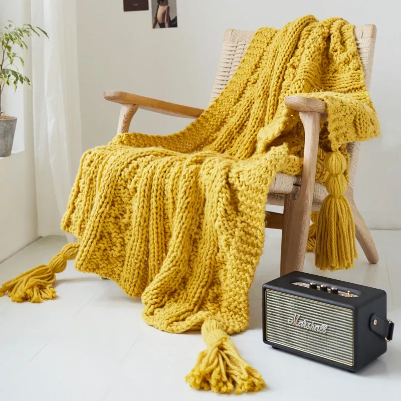 Handmade Knit Throw Blanket with Tassels