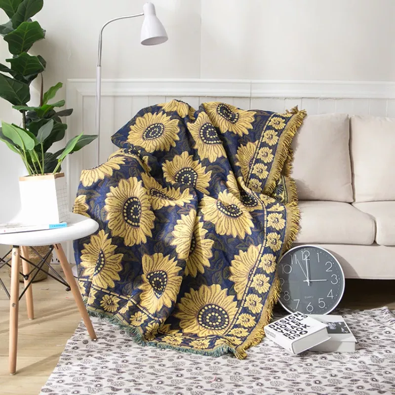 Blue Sunflower Cotton Throw Blanket - Rustic, Cozy, and Dustproof Cover - Image 3