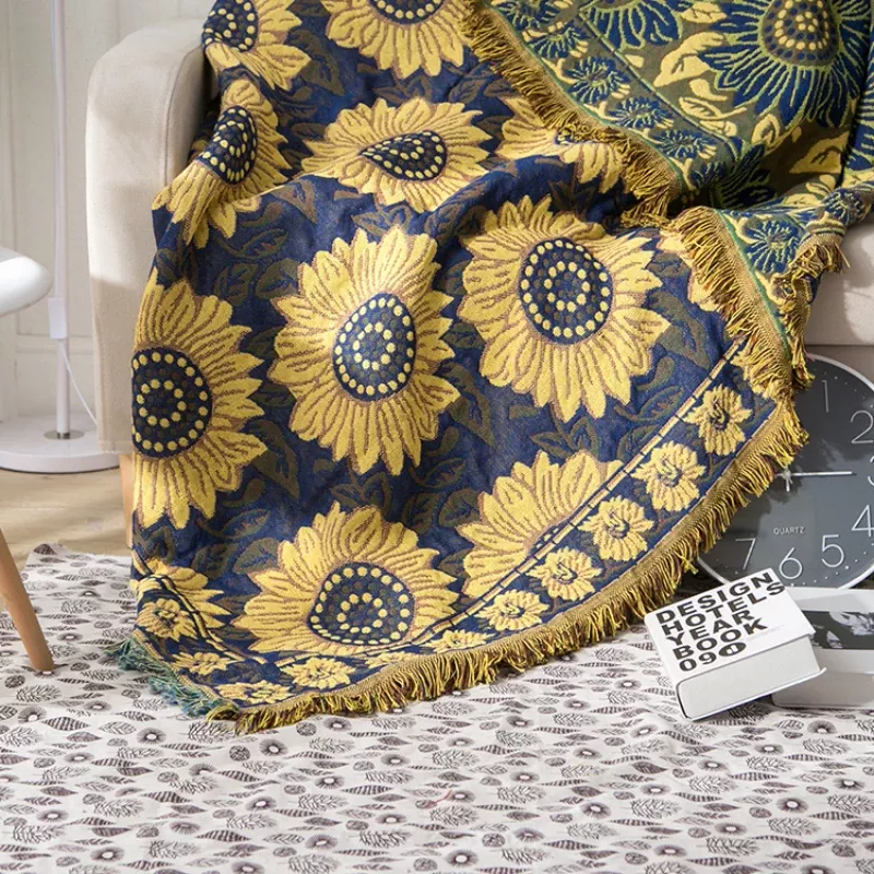 Blue Sunflower Cotton Throw Blanket - Rustic, Cozy, and Dustproof Cover - Image 5