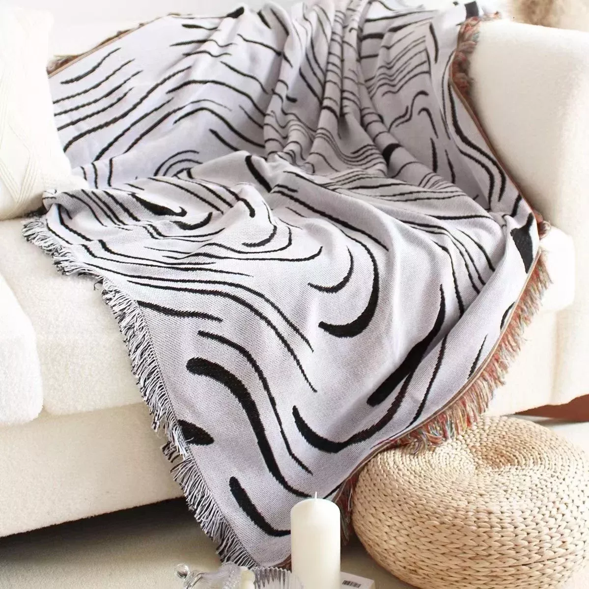 Elegant Black Water Ripple Throw Blanket – Woven Cotton Tapestry for Home & Travel - Image 7