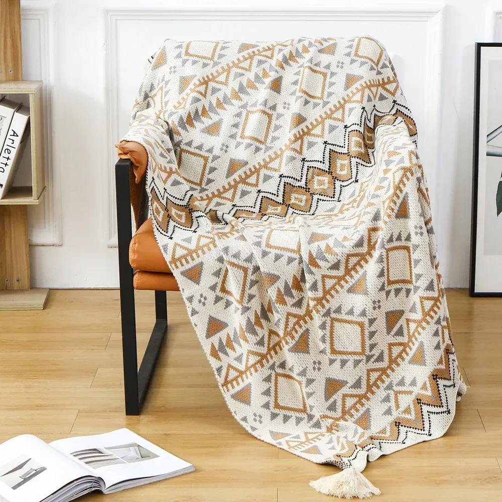 Retro Navajo Style Thick Knitted Throw Blanket - Geometric Sofa & Bedspread - Image 2
