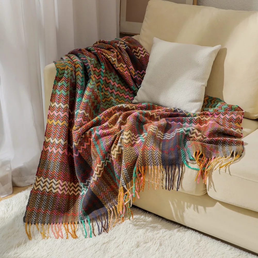 Ethnic Style Woven Sofa Blanket with Wavy Tassels - Cozy Shawl Throw Blanket for Home and Outdoor Use - Image 4