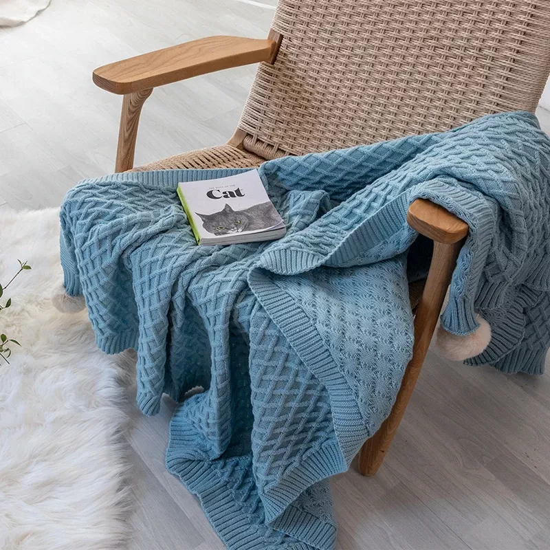 Soft Acrylic Knit Throw Blanket with PomPom Design - Image 3