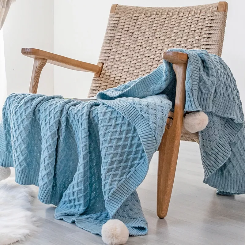 Soft Acrylic Knit Throw Blanket with PomPom Design - Image 2