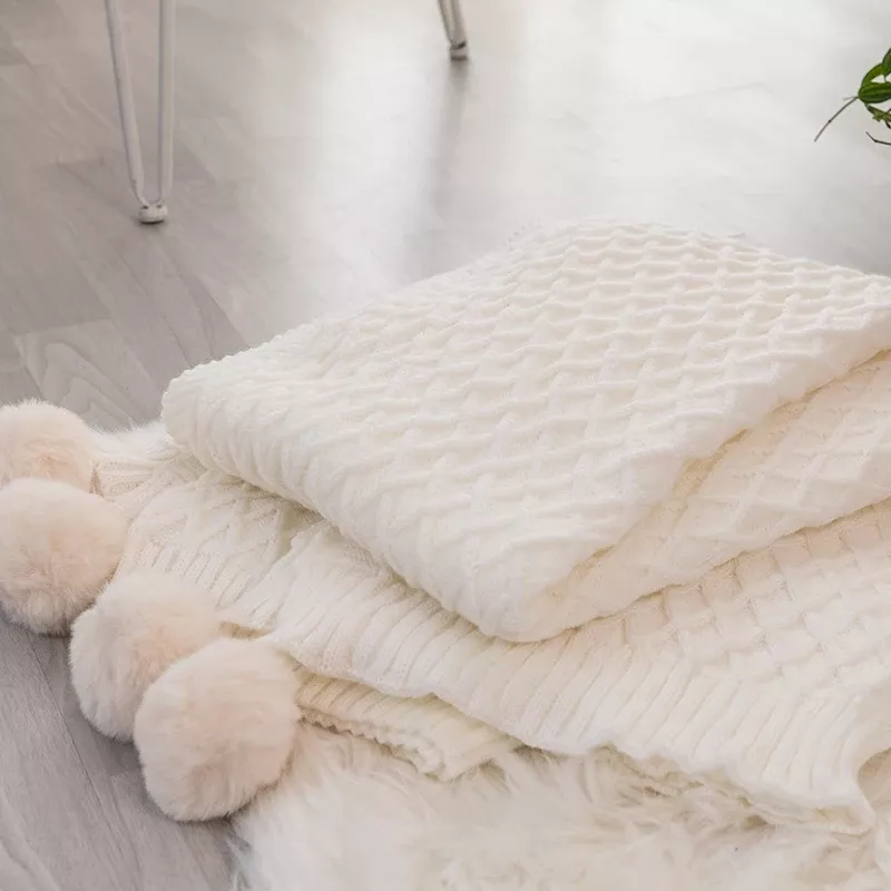 Cozy Cream White Diamond Knit Throw Blanket with PomPom Tassels - Image 6