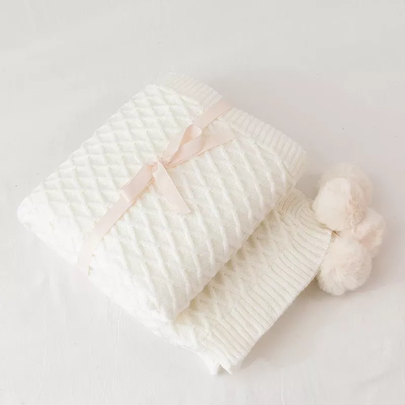Cozy Cream White Diamond Knit Throw Blanket with PomPom Tassels - Image 7