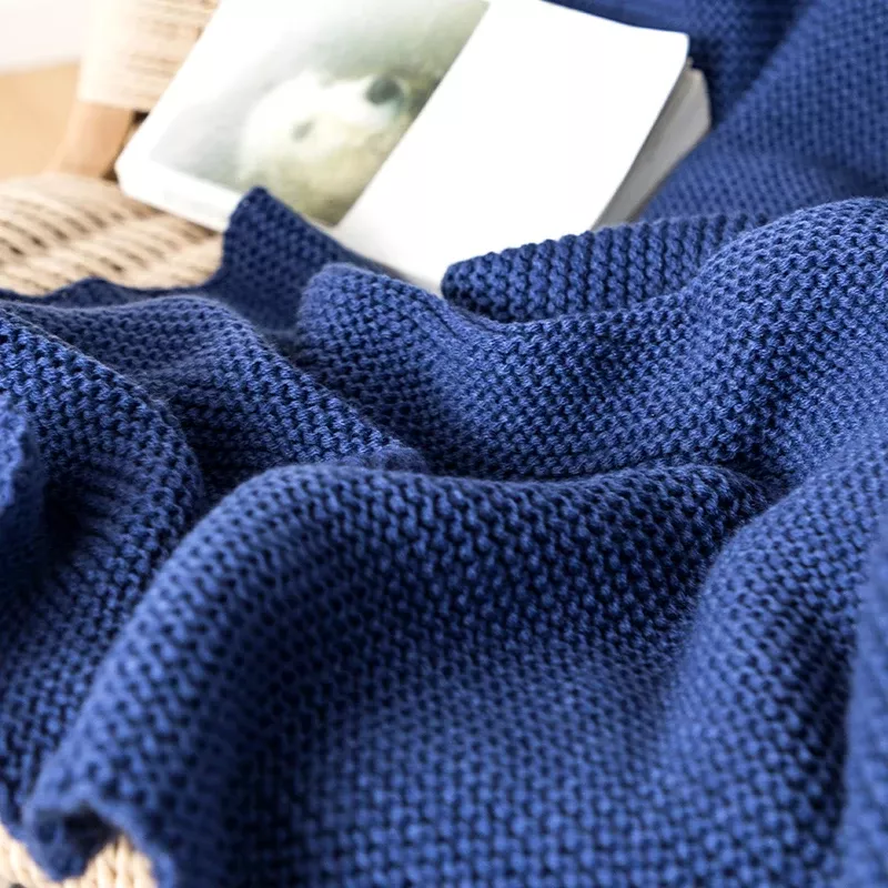 Soft Royal Blue Knit Throw Blanket with Tassels - Image 6