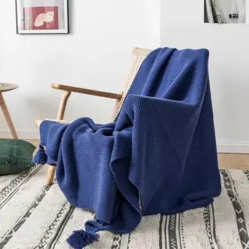 Soft Royal Blue Knit Throw Blanket with Tassels