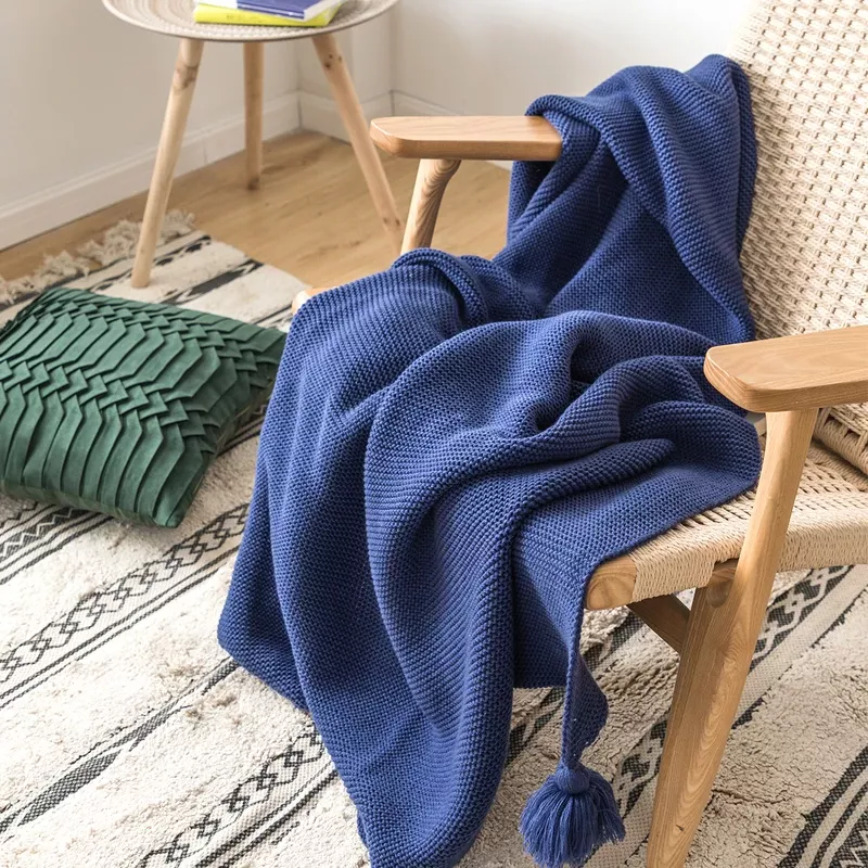 Soft Royal Blue Knit Throw Blanket with Tassels - Image 5
