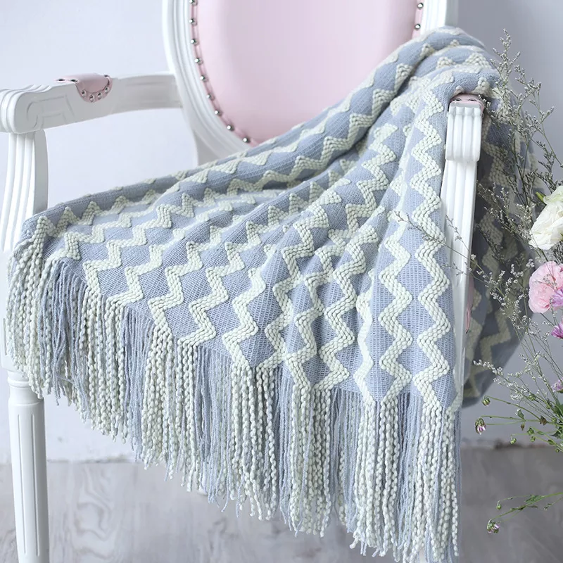 Knitted Zigzag Throw Blanket with Tassels - Image 3