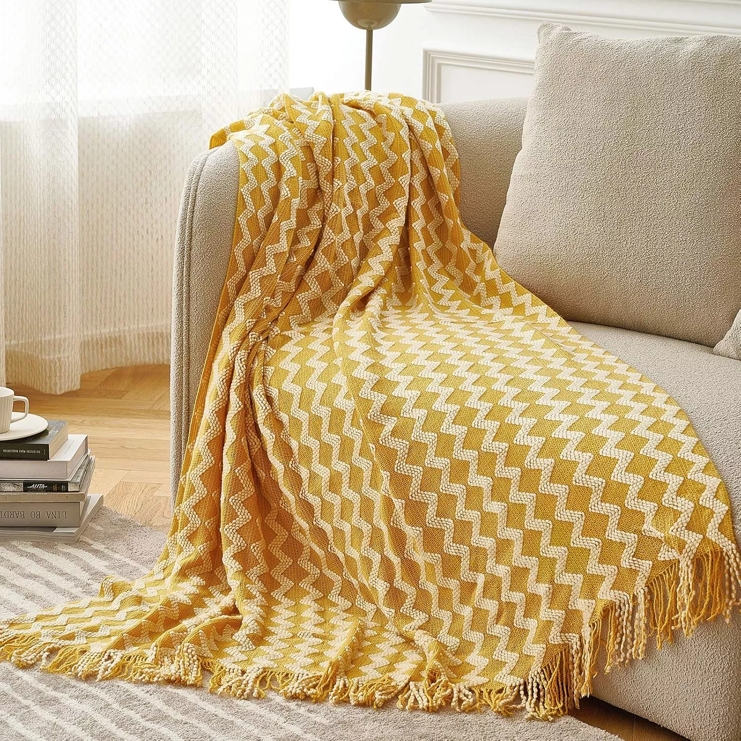 Knitted Zigzag Throw Blanket with Tassels - Image 5