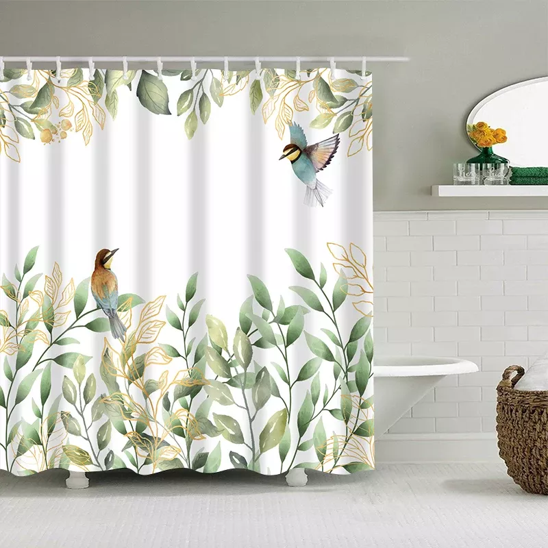 Elegant Green Leaves & Bird Pattern Shower Curtain Set - Image 4