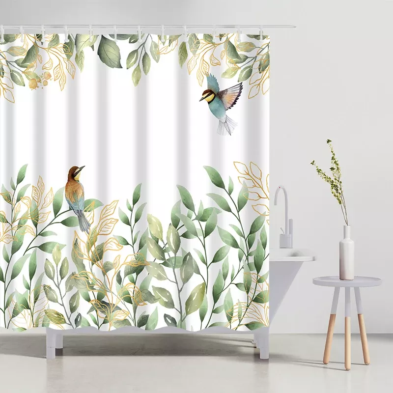 Elegant Green Leaves & Bird Pattern Shower Curtain Set - Image 2