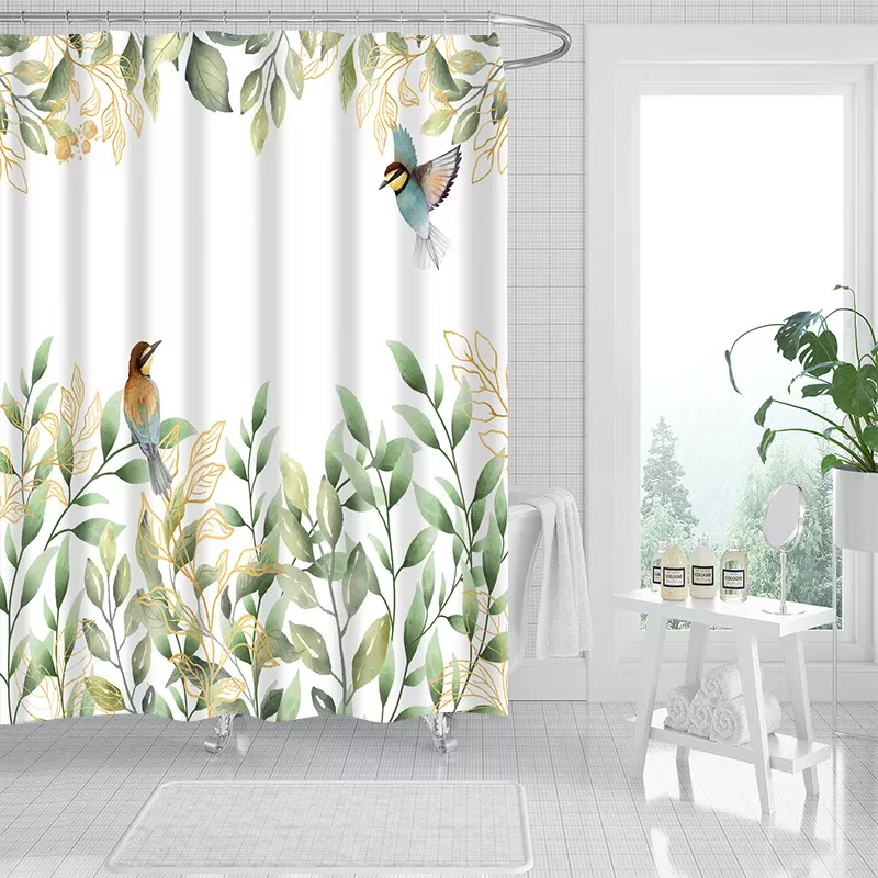 Elegant Green Leaves & Bird Pattern Shower Curtain Set - Image 5