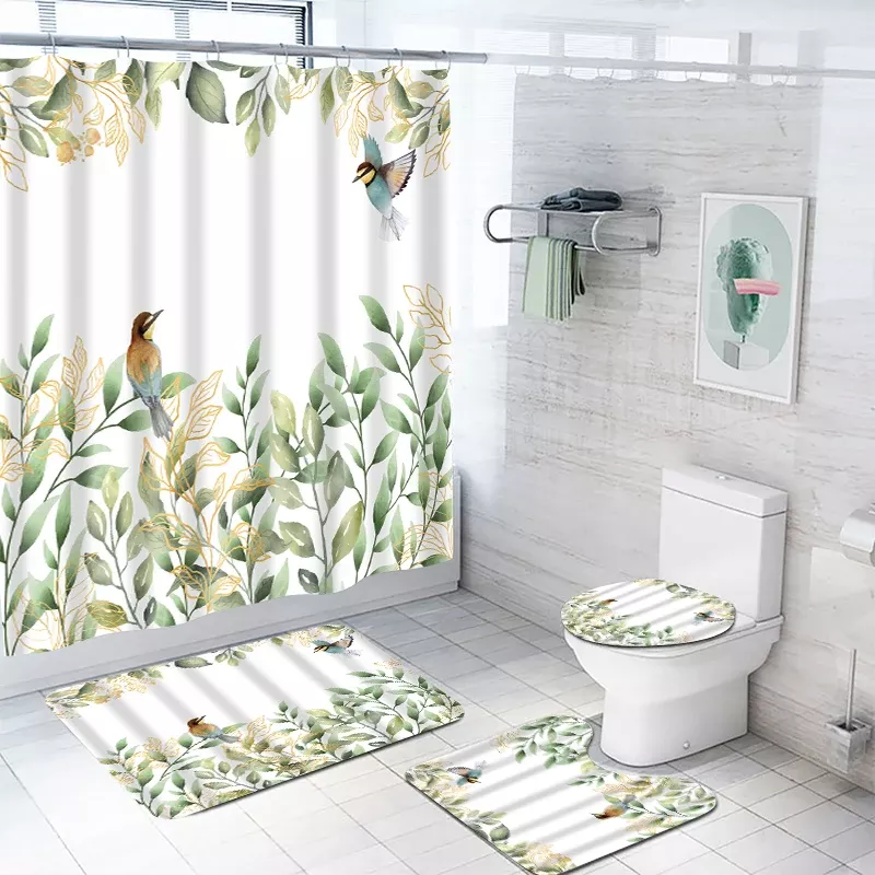 Elegant Green Leaves & Bird Pattern Shower Curtain Set - Image 3