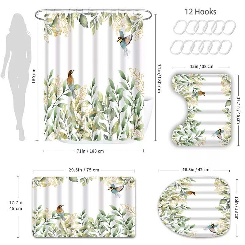 Elegant Green Leaves & Bird Pattern Shower Curtain Set - Image 7