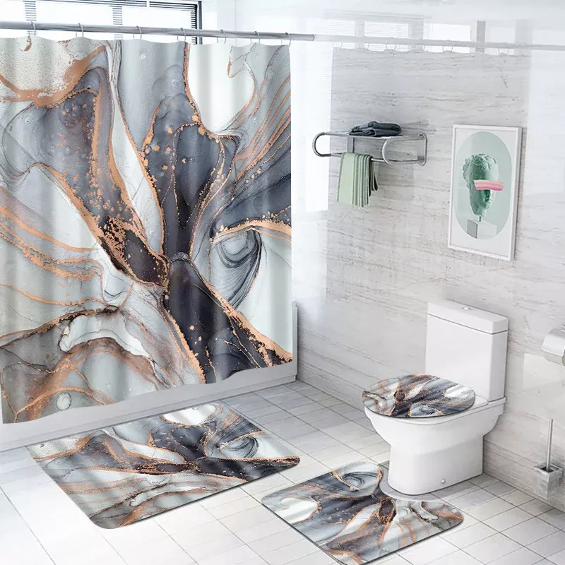 4-Piece Marble Crackle Pattern Shower Curtain Set - Image 3
