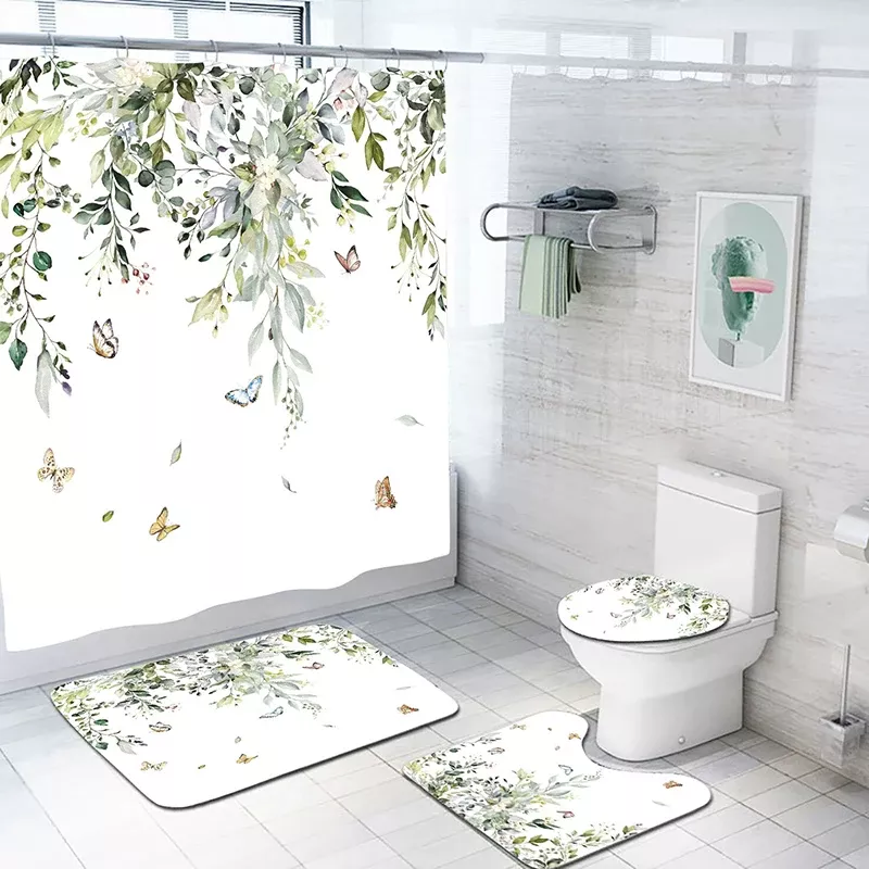 Leaf Pattern Shower Curtain Set - Image 3