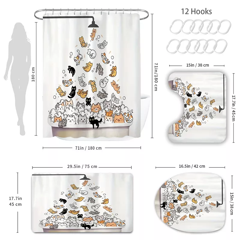 Charming Cat Print Shower Curtain Set - Image 6